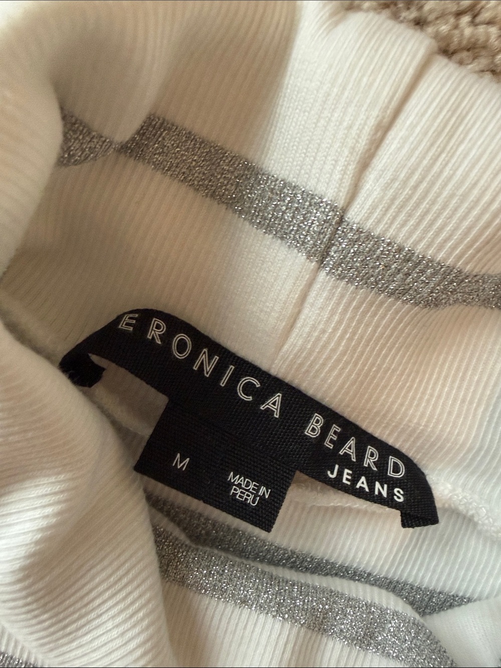 Veronica Beard Cedar Metallic Stripe Puff Sleeve Turtleneck White Long Sleeve - Picture 4 of 8